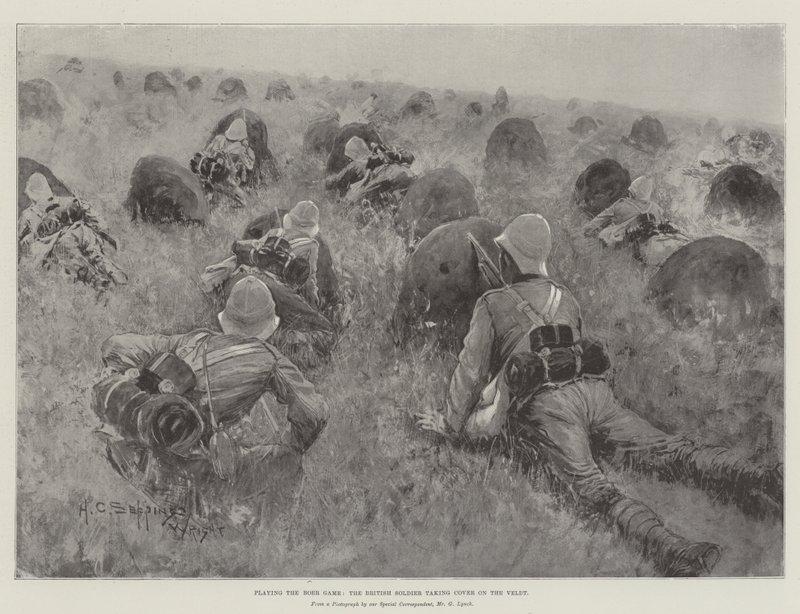 Spiller Boer Game, den britiske soldat tager dækning på Veldt af Henry Charles Seppings Wright