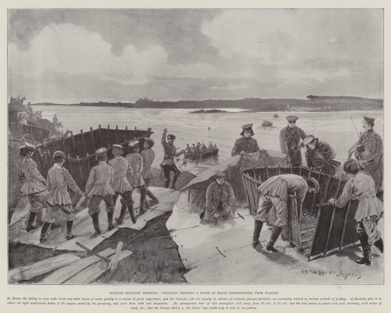 Russiske militære metoder, kosakker krydser en flod i både, der er lavet ud af vogne af Henry Charles Seppings Wright