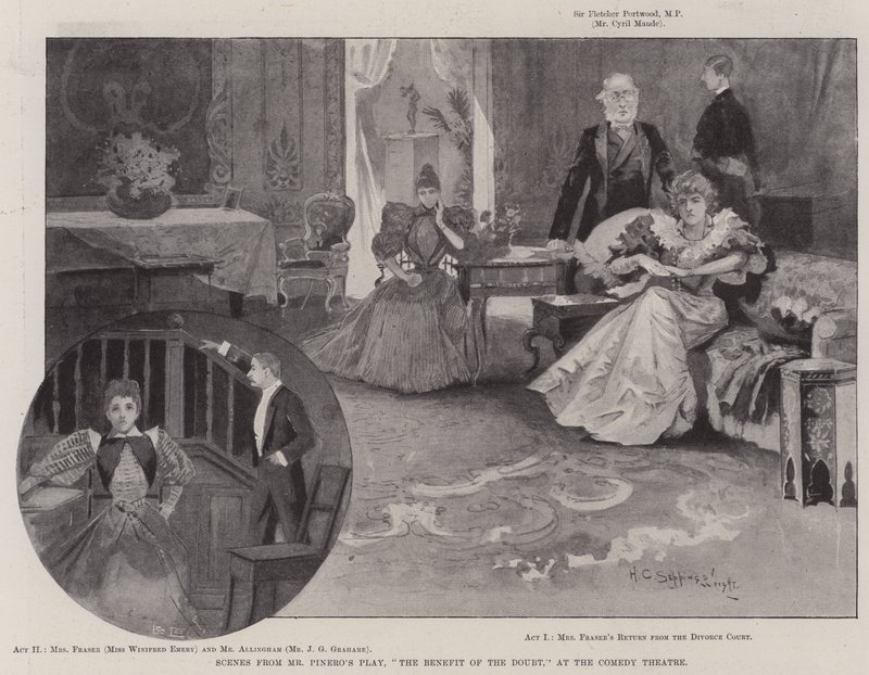 Scener fra Mr. Pineros skuespil, The Benefit of the Doubt, på Comedy Theatre af Henry Charles Seppings Wright