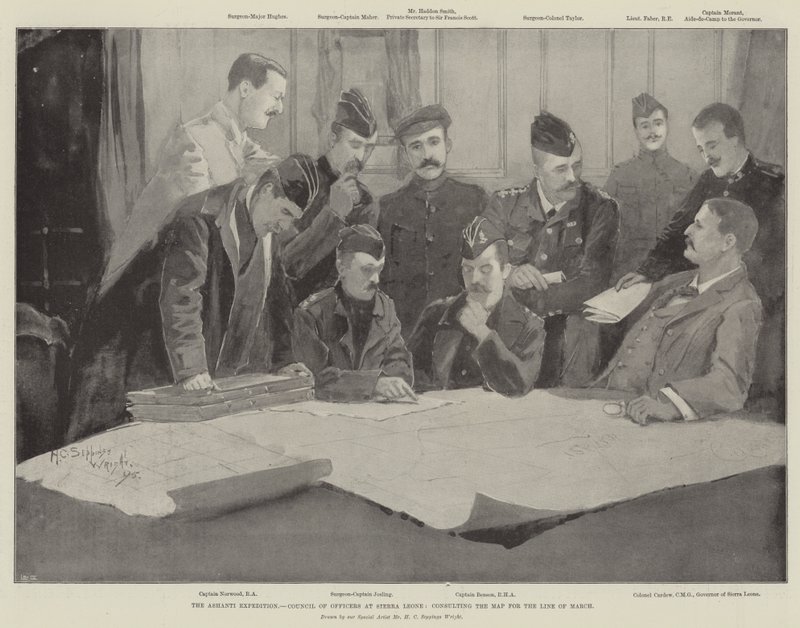 Ashanti-ekspeditionen, Officersrådet i Sierra Leone, konsulterer kortet for martslinjen af Henry Charles Seppings Wright