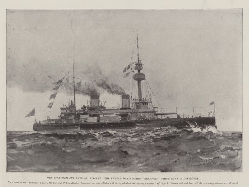 Kollisionen ud for Cape St Vincent, det franske slagskib Brennus, som sænkede en destroyer af Henry Charles Seppings Wright