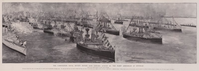 The Coronation Naval Review før kong Edward, 16. august, samlede flåden ved Spithead af Henry Charles Seppings Wright