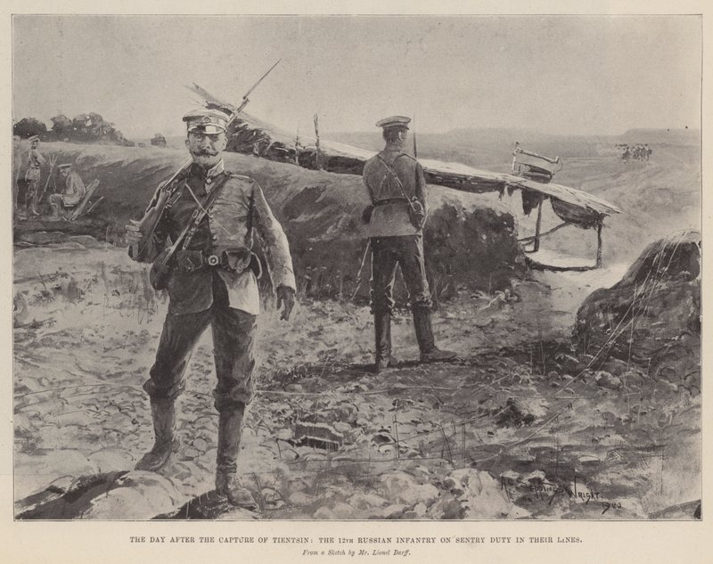 Dagen efter erobringen af Tientsin, det 12. russiske infanteri på vagttjeneste i deres linjer af Henry Charles Seppings Wright