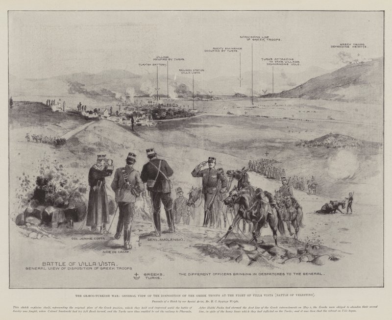 Den græsk-tyrkiske krig, generelt syn på de græske troppers disposition ved kampen om Villa Vista (slaget ved Velestino) af Henry Charles Seppings Wright