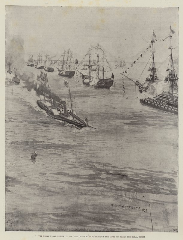 Den store flådeoversigt i 1856, hvor dronningen passerer gennem linjerne om bord på den kongelige yacht af Henry Charles Seppings Wright