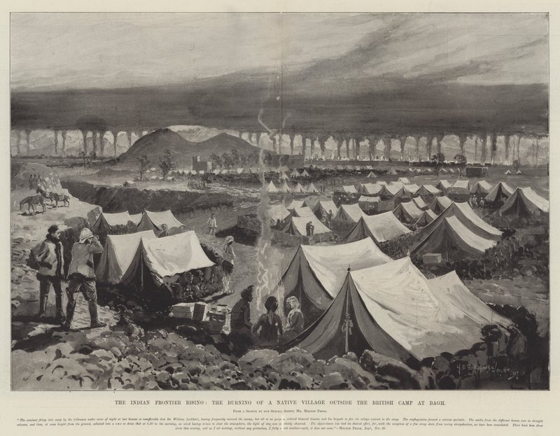 Den indiske grænseopstand, afbrænding af en indfødt landsby uden for den britiske lejr i Bagh af Henry Charles Seppings Wright