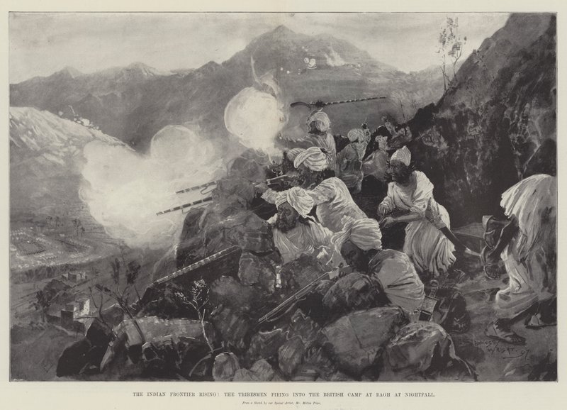 The Indian Frontier Rising, stammefolkene affyrede den britiske lejr ved Bagh om natten af Henry Charles Seppings Wright