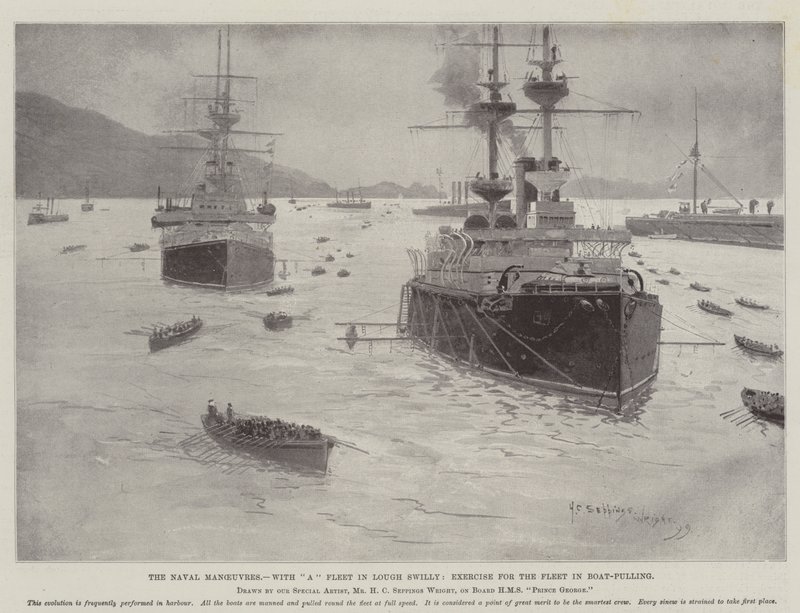 Sømanøvrerne, med en flåde i Lough Swilly, øvelse for flåden i bådtræk af Henry Charles Seppings Wright