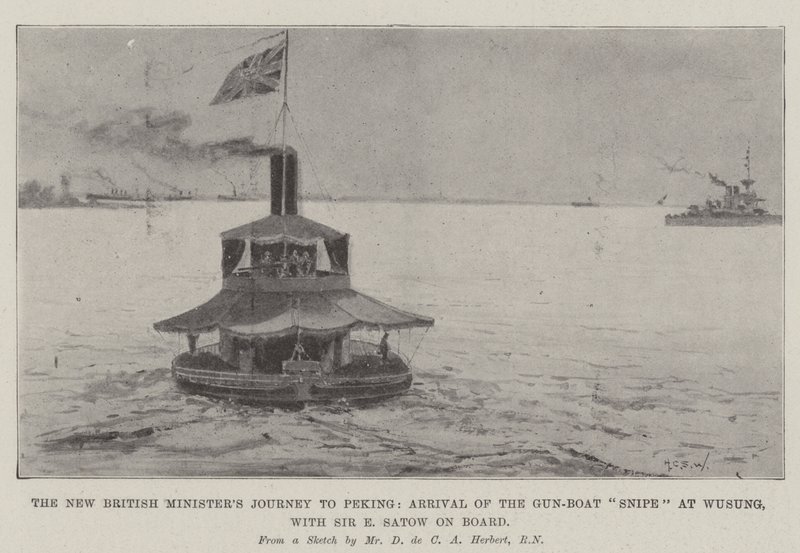 Den nye britiske ministers rejse til Peking, Ankomst af Gun-Boat Snipe til Wusung, med Sir E Satow ombord af Henry Charles Seppings Wright