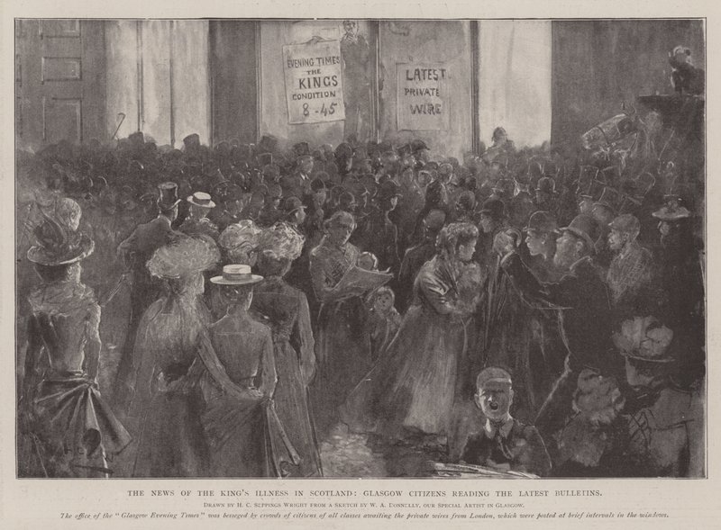 Nyheden om kongens sygdom i Skotland, Glasgow Borgere læser de seneste bulletiner af Henry Charles Seppings Wright