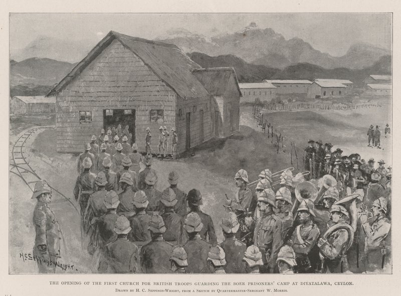 Åbningen af den første kirke for britiske tropper, der bevogter Boer Fangelejren i Diyatalawa, Ceylon af Henry Charles Seppings Wright