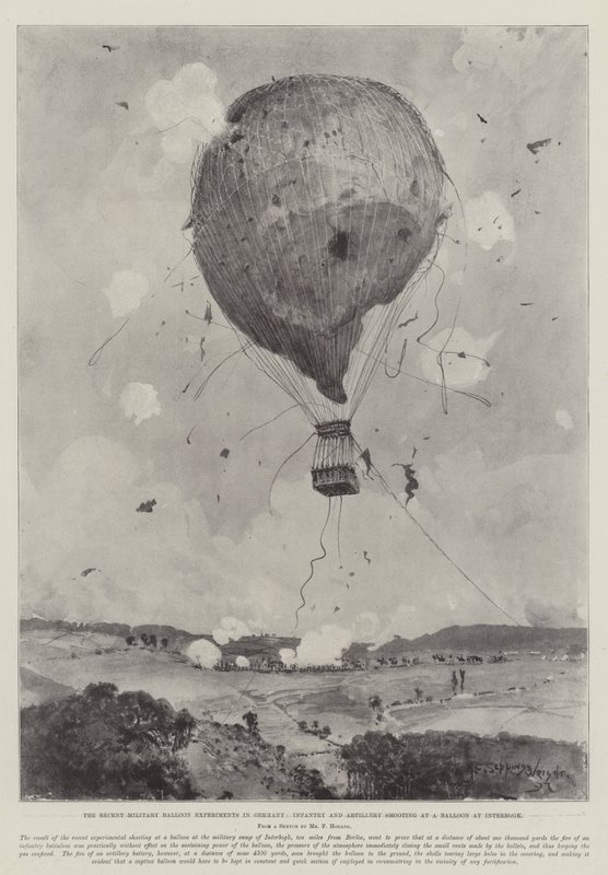 De seneste militære balloneksperimenter i Tyskland, infanteri- og artilleriskydning mod en ballon ved Interbogk af Henry Charles Seppings Wright