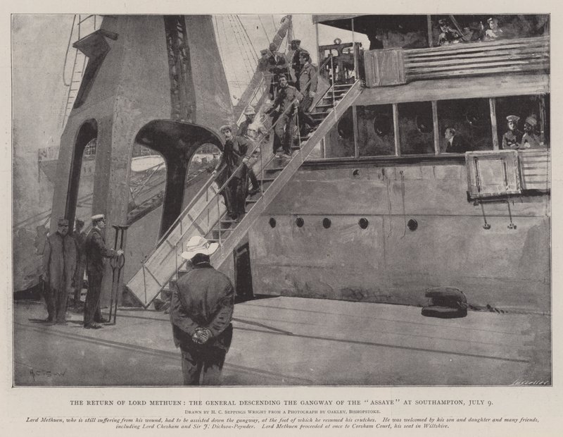 Lord Methuens tilbagevenden, generalen, der stiger ned ad gangbroen for assayen i Southampton, 9. juli af Henry Charles Seppings Wright