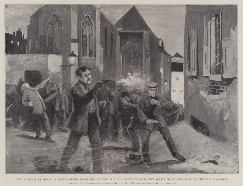 Optøjerne i Bruxelles, oprørere, der affyrer revolvere mod tropperne og politiet nær Eglise de la Chapelle, i Rue d