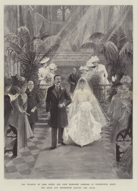Lord Crewe og Lady Margaret Primroses bryllup i Westminster Abbey, bruden og brudgommen forlader alteret af Henry Charles Seppings Wright