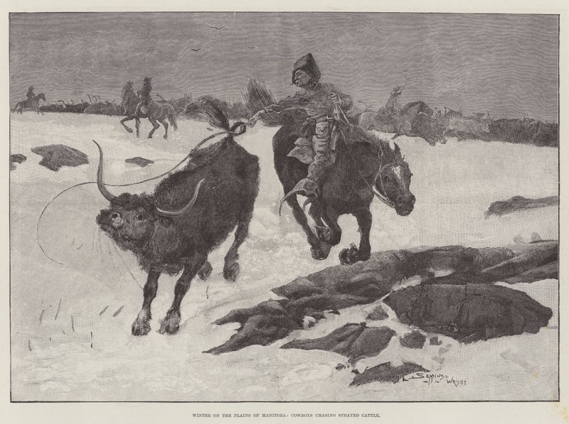 Vinter på Manitobas sletter, cowboys, der jagter omstrejfende kvæg af Henry Charles Seppings Wright