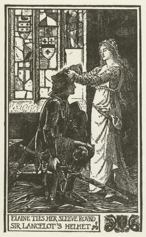 Elaine binder sit ærme om Sir Lancelots hjelm af Henry Justice Ford