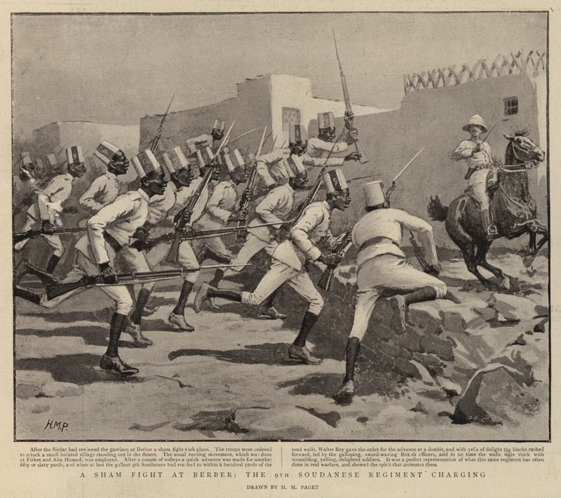 En falsk kamp ved Berber, det 9. Soudanesiske Regiment angreb af Henry Marriott Paget