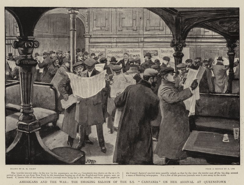 Americans and the War, Rygesalonen i SS Campania ved hendes ankomst til Queenstown af Henry Marriott Paget