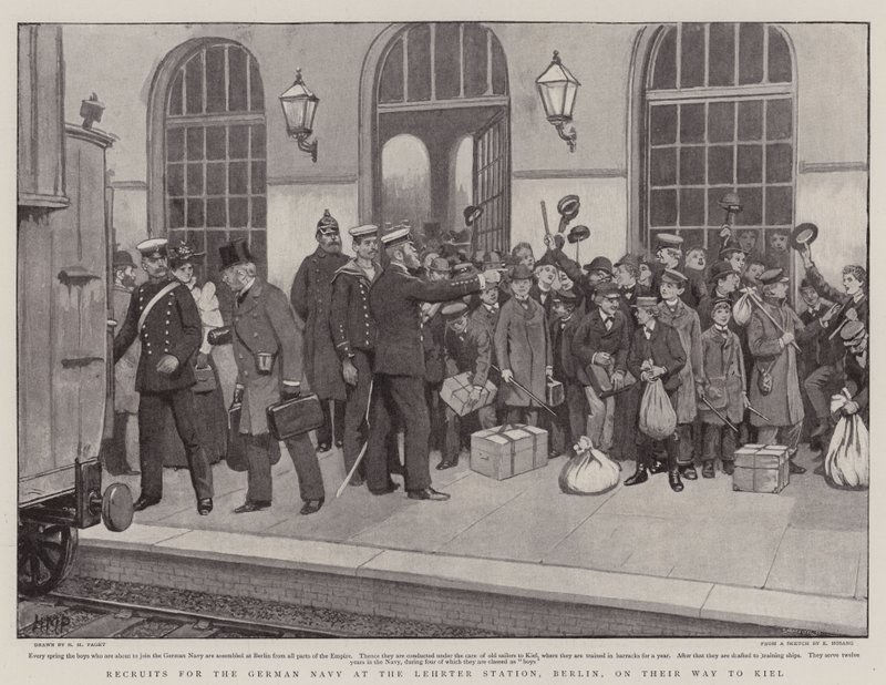 Rekrutter til den tyske flåde på Lehrter Station, Berlin, på vej til Kiel af Henry Marriott Paget