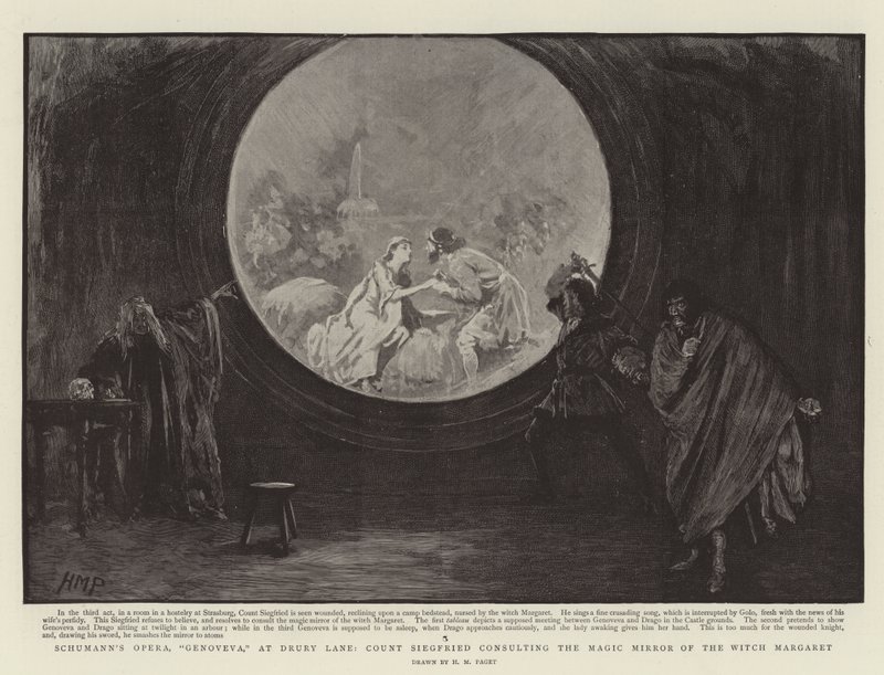 Schumanns opera, Genoveva, på Drury Lane, grev Siegfried konsulterer heksens magiske spejl Margaret af Henry Marriott Paget