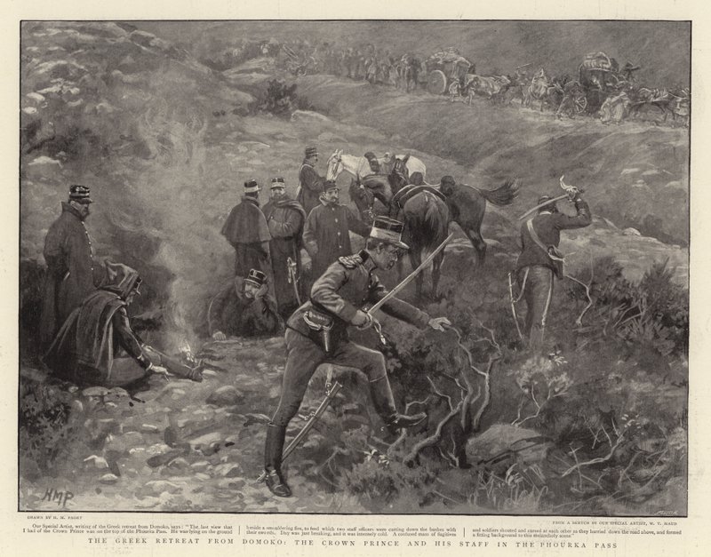 Det græske tilbagetog fra Domoko, kronprinsen og hans stab i Phourka-passet af Henry Marriott Paget