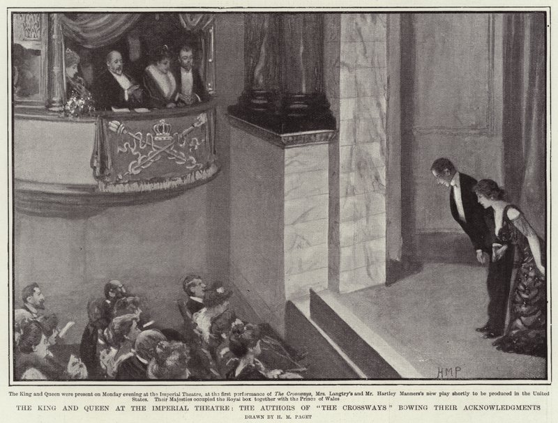 Kongen og Dronningen på Imperial Theatre, forfatterne af The Crossways bøjer deres anerkendelse af Henry Marriott Paget
