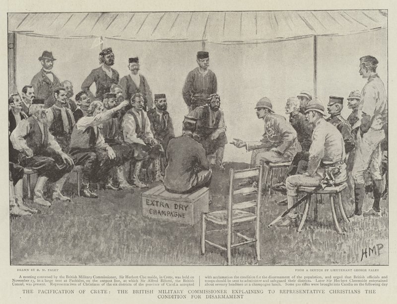 Pacification of Crete, den britiske militærkommissær, der forklarer repræsentanter for kristne betingelserne for nedrustning af Henry Marriott Paget