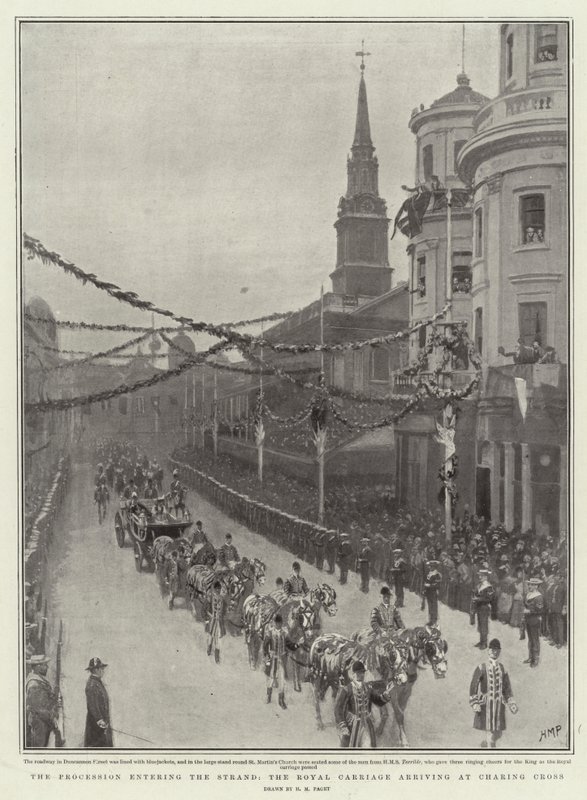 Processionen går ind i Stranden, den kongelige vogn ankommer til Charing Cross af Henry Marriott Paget
