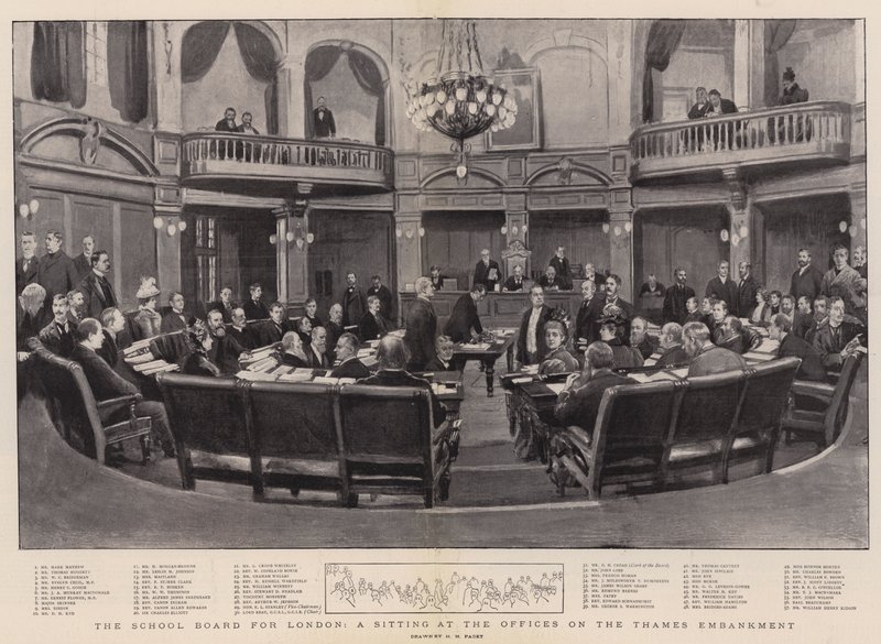 Skolebestyrelsen for London, et møde på kontorerne på Themsen Embankment af Henry Marriott Paget