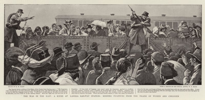 The War in the East, en scene på Larissa Railway Station, der holder flygtninge fra kvinders og børns tog af Henry Marriott Paget