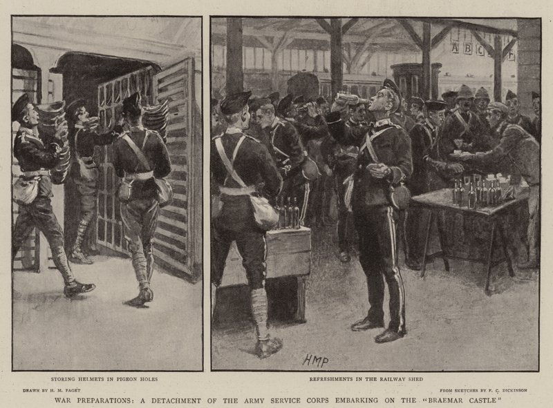 Krigsforberedelser, en afdeling af hærens tjenestekorps, der går om bord på Braemar-slottet af Henry Marriott Paget