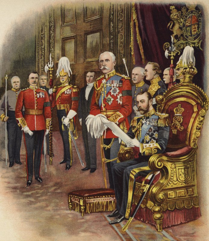 Kong George V holder sit første hof, maj 1910 (chromolitho) af Henry Payne