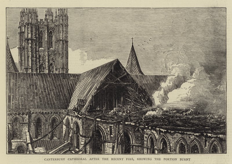 Canterbury Cathedral efter den seneste brand, der viser delen brændt af Henry William Brewer