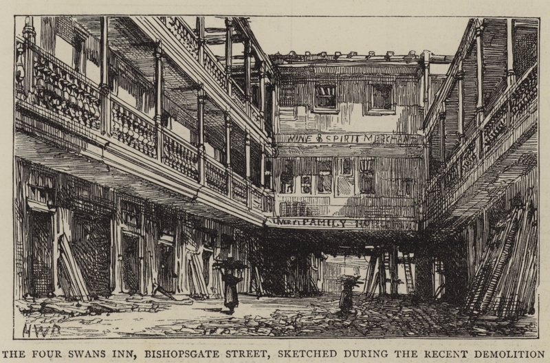 The Four Swans Inn, Bishopsgate Street, skitseret under den nylige nedrivning af Henry William Brewer