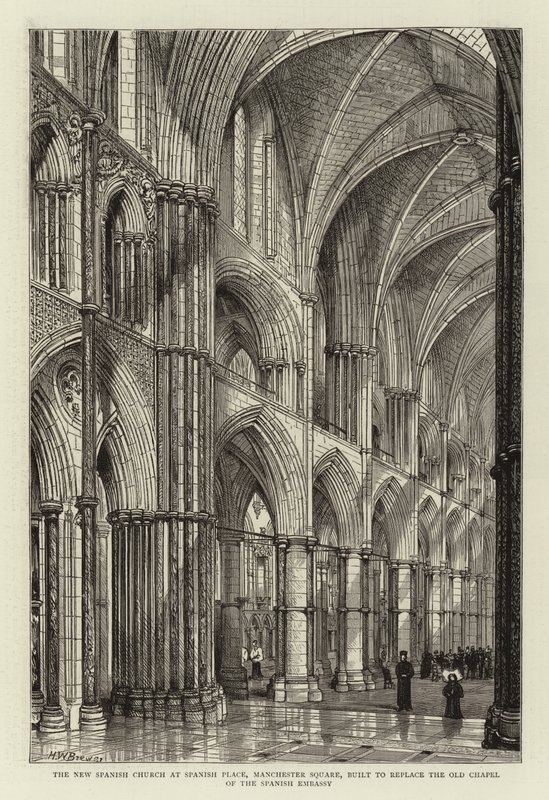 Den nye spanske kirke på Spanish Place, Manchester Square, bygget til at erstatte den spanske ambassades gamle kapel af Henry William Brewer