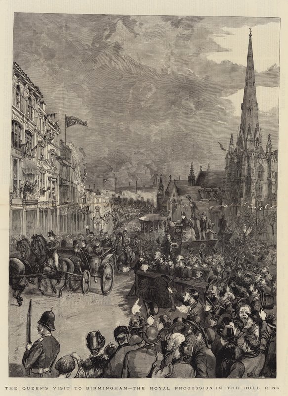 Dronningens besøg i Birmingham, den kongelige procession i Tyrefægterarenaen af Henry William Brewer