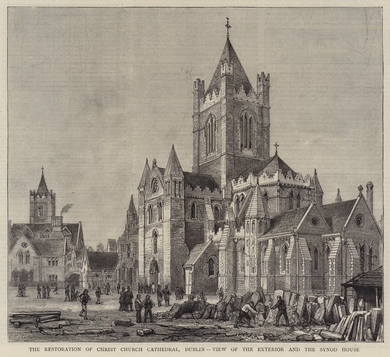 Restaureringen af Christ Church Cathedral, Dublin, udsigt over det ydre og synodens hus af Henry William Brewer