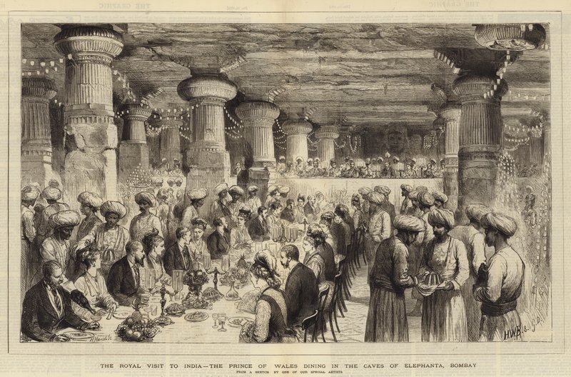 Det kongelige besøg i Indien, prinsen af Wales spiste i Caves of Elephanta, Bombay af Henry William Brewer
