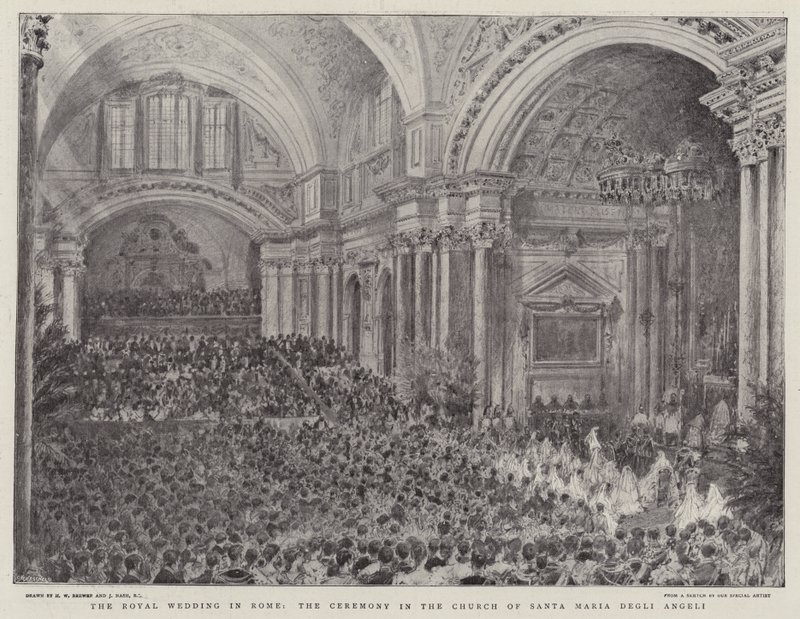 Det kongelige bryllup i Rom, ceremonien i kirken Santa Maria Degli Angeli af Henry William Brewer