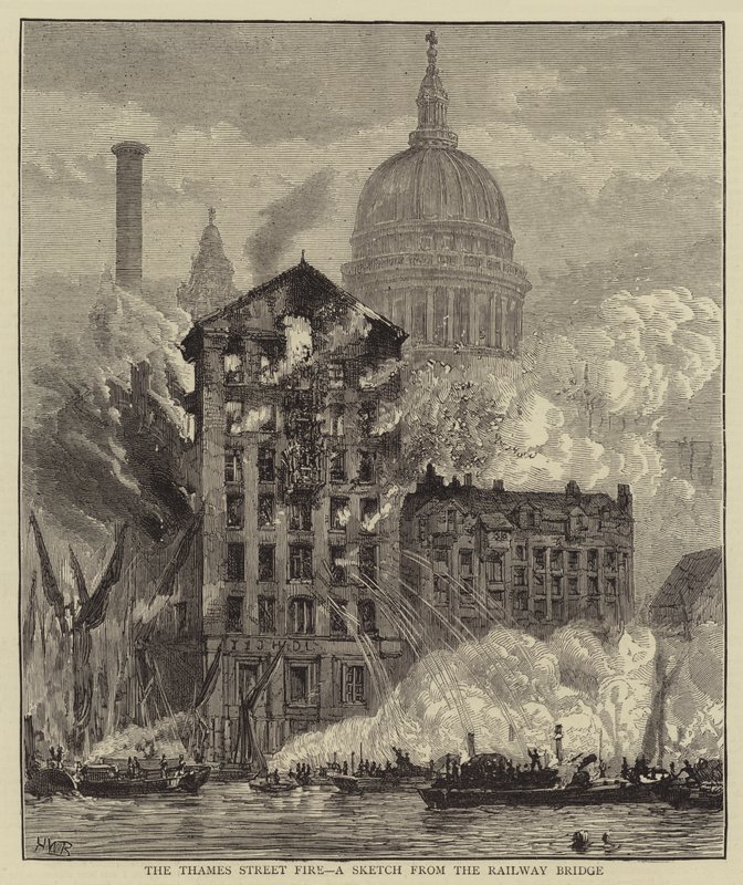 The Thames Street Fire, en skitse fra jernbanebroen af Henry William Brewer