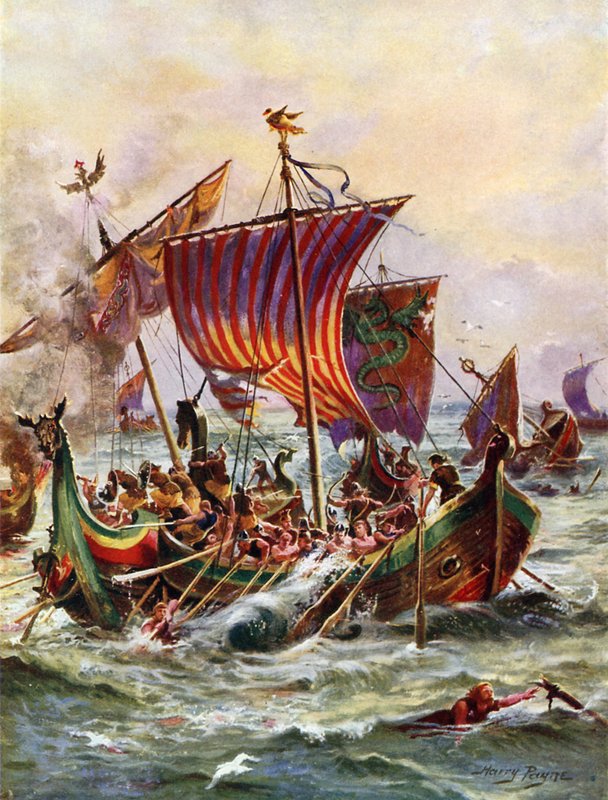Kong Alfreds Galejer angriber vikingedrageskibene, 897 (farve litho) af Henry Payne