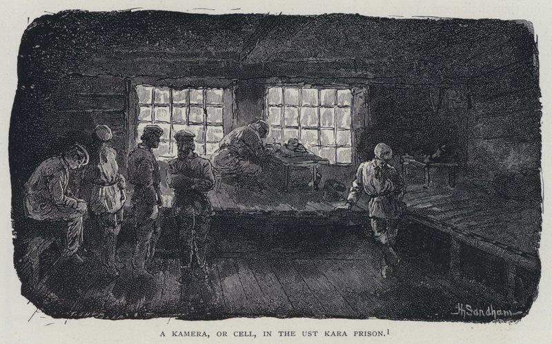 En kamera eller celle i Ust Kara-fængslet (litho) af Henry (after) Sandham