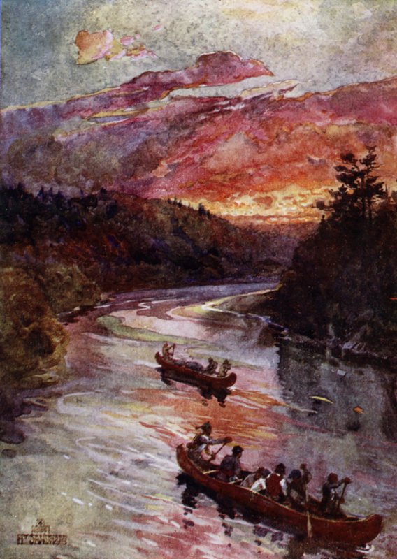Kanoer på en nordamerikansk flod (farve litho) af Henry (after) Sandham