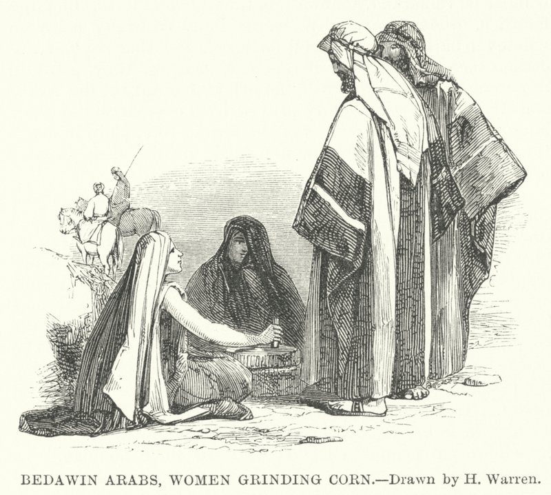 Beduin-arabere, kvinder maler majs (gravering) af Henry (after) Warren