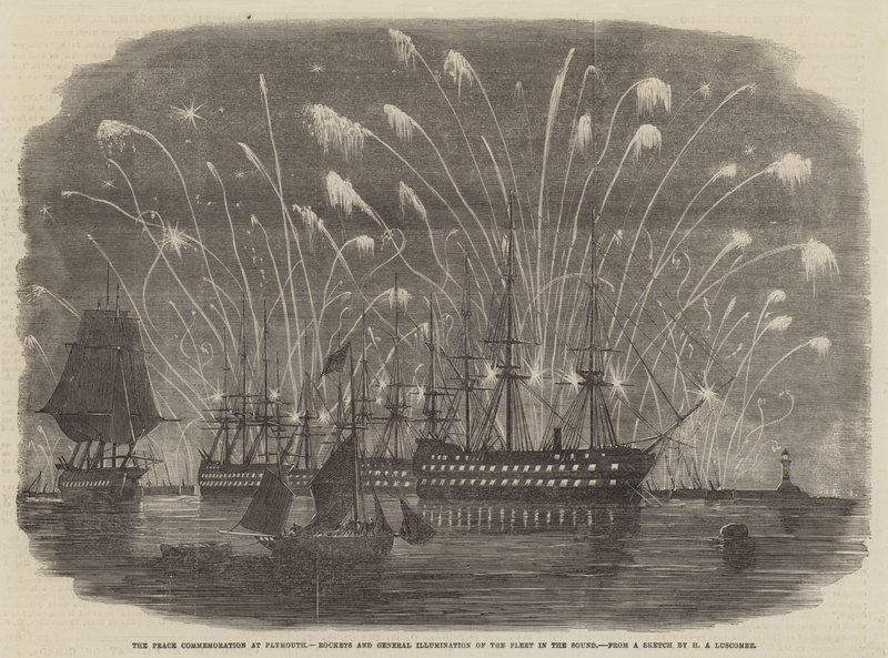 Fredsmindehøjtidelighed i Plymouth, raketter og generel belysning af flåden i Øresund af Henry A. Luscombe