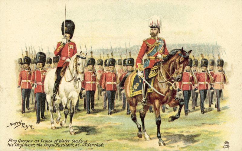 Kong George V som prins af Wales, der leder sit regiment, Royal Fusiliers, ved Aldershot af Henry A. Payne