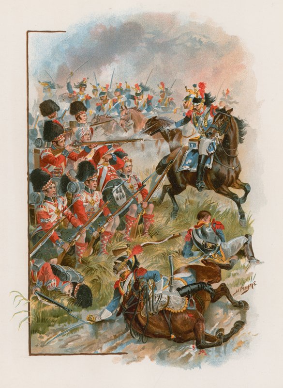 Firkant af 42. Highlanders angrebet af franske kuererssoldater ved Quatre Bras, 16. juni 1815 (chromolitho) af Henry A. Payne