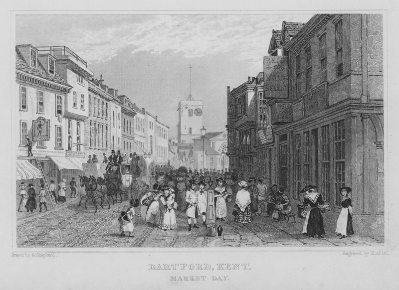 Markedsdag, Dartford, Kent (gravering) af Henry Adlard