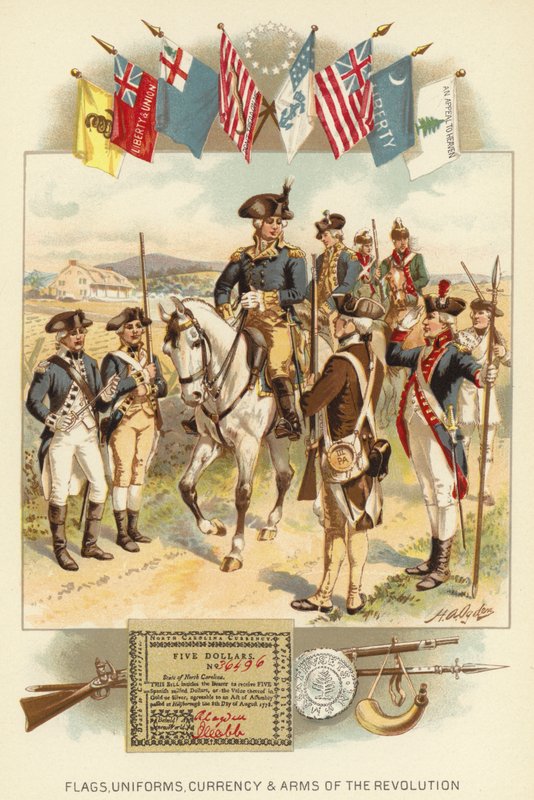 Flag, uniformer, valuta og revolutionens våben (farve litho) af Henry Alexander (after) Ogden